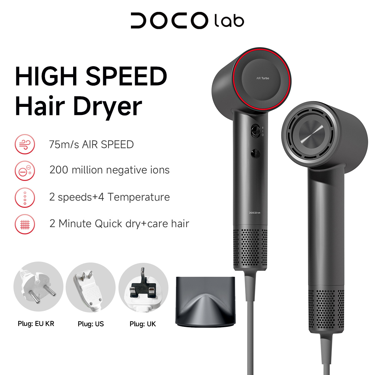 DOCO Hair Dryer High Speed 75m - Cold Air Diffuser Nebulizer 评论和价格